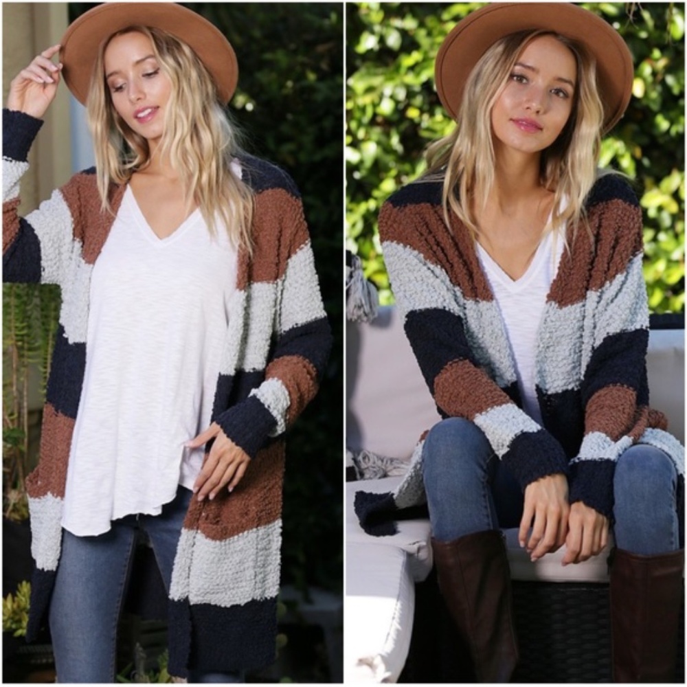 #19 Mocha Brown Color Block Stripes Popcorn Cardigan - Picture 1 of 3